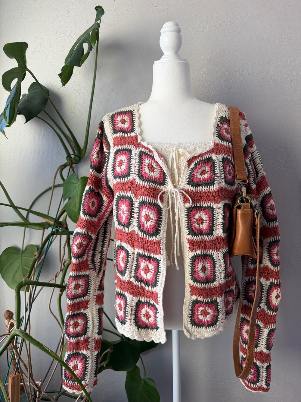 Lucky Brand Crochet Square-Pattern Cardigan - Red, Cream, Pink, Black